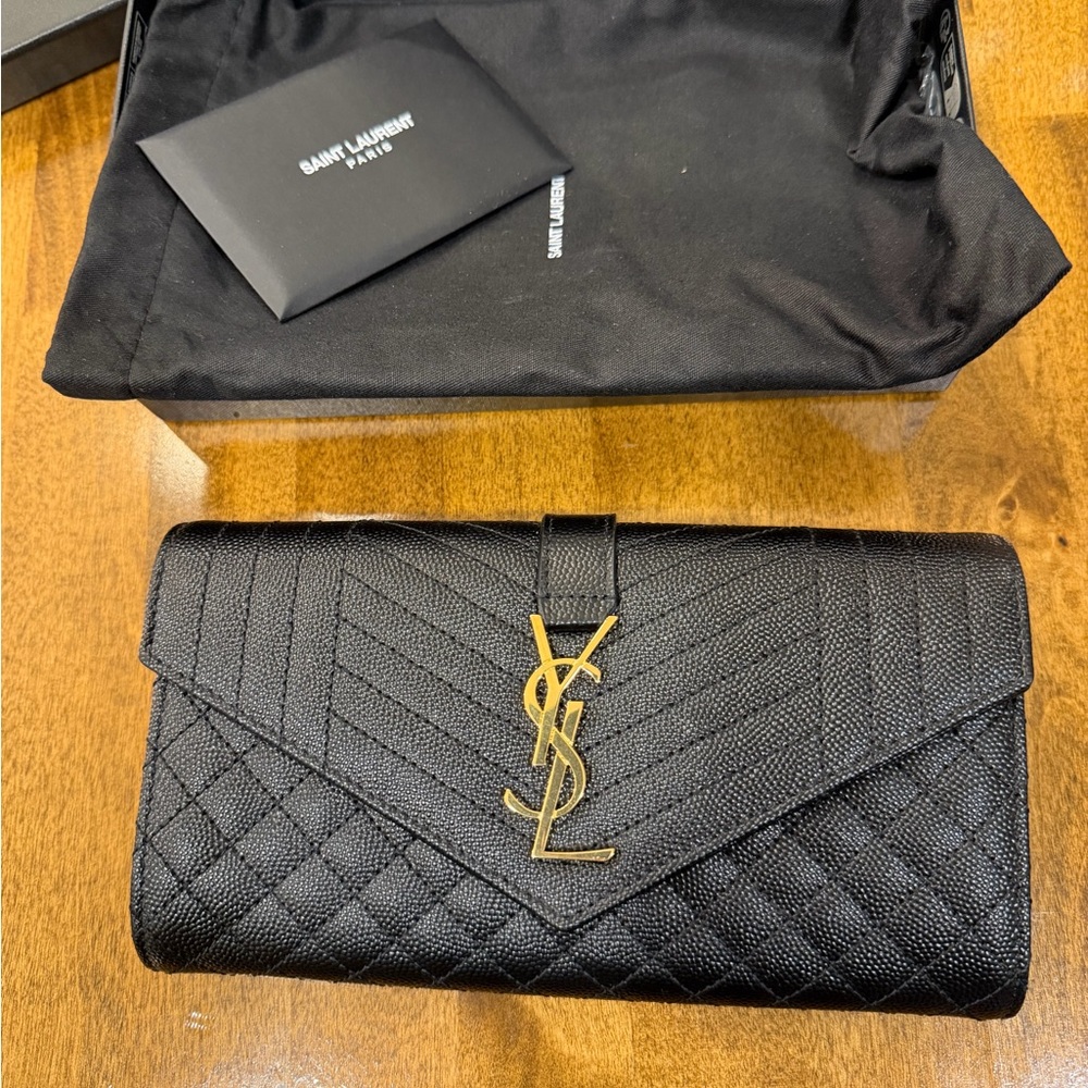 NEW Saint Laurent Black Quilted Clutch with Gold Logo